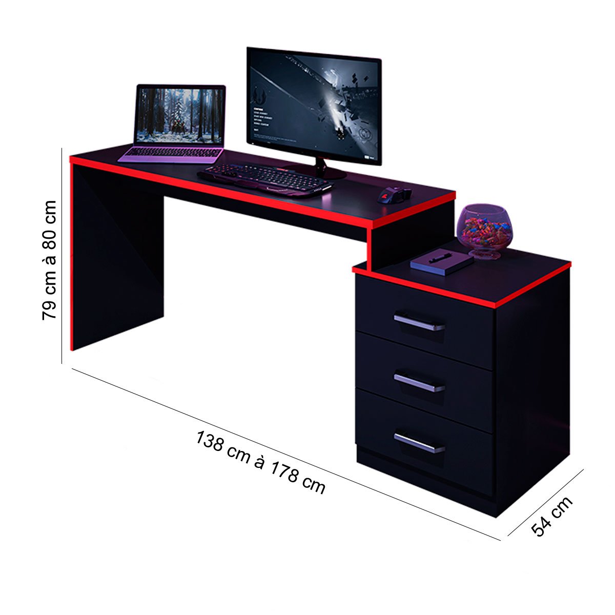 Mesa Gamer com Regulagem de Altura e Gaveteiro DRX-5000 Preto/Vermelho