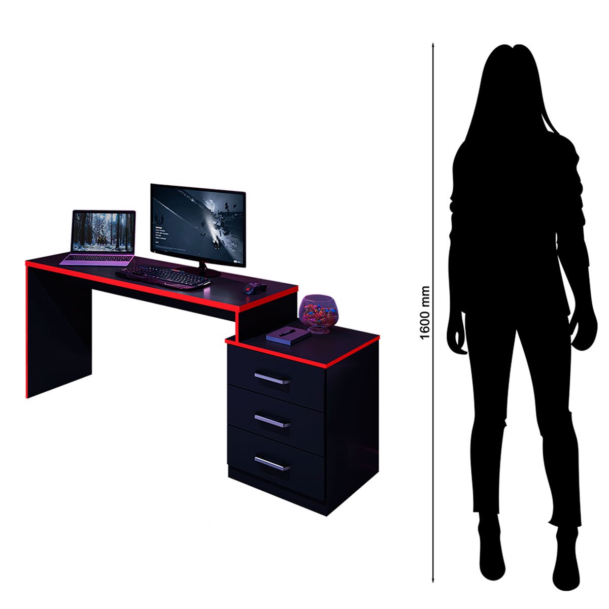 Mesa Gamer com Regulagem de Altura e Gaveteiro DRX-5000 Preto/Vermelho
