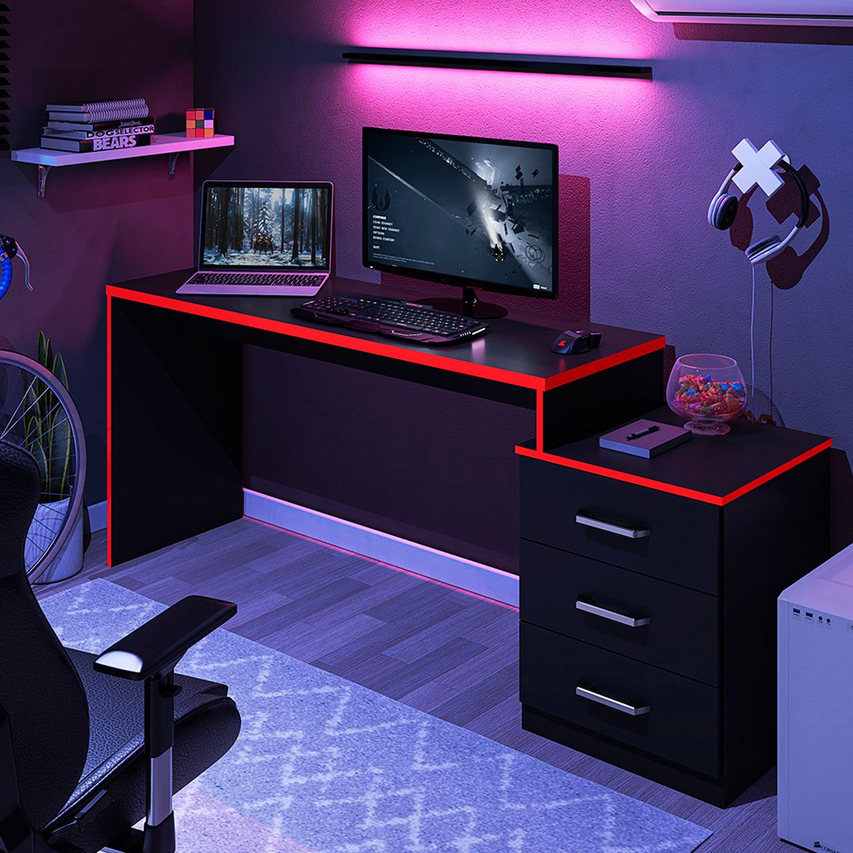 Mesa Gamer com Regulagem de Altura e Gaveteiro DRX-5000 Preto/Vermelho