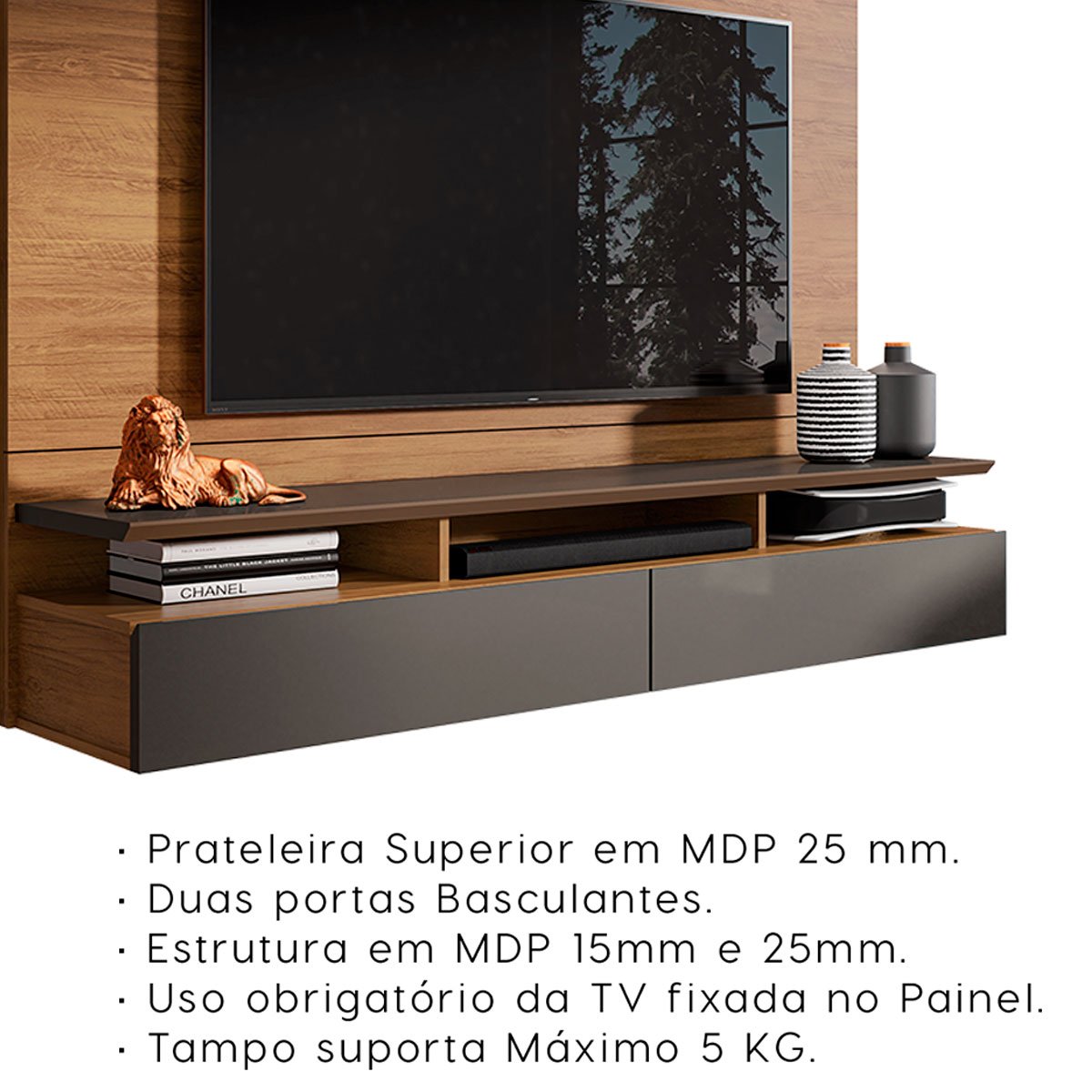 Painel para Tv até 55 Polegadas 2 Portas 3 Nichos Nigéria Grafite Perolizado/Freijó