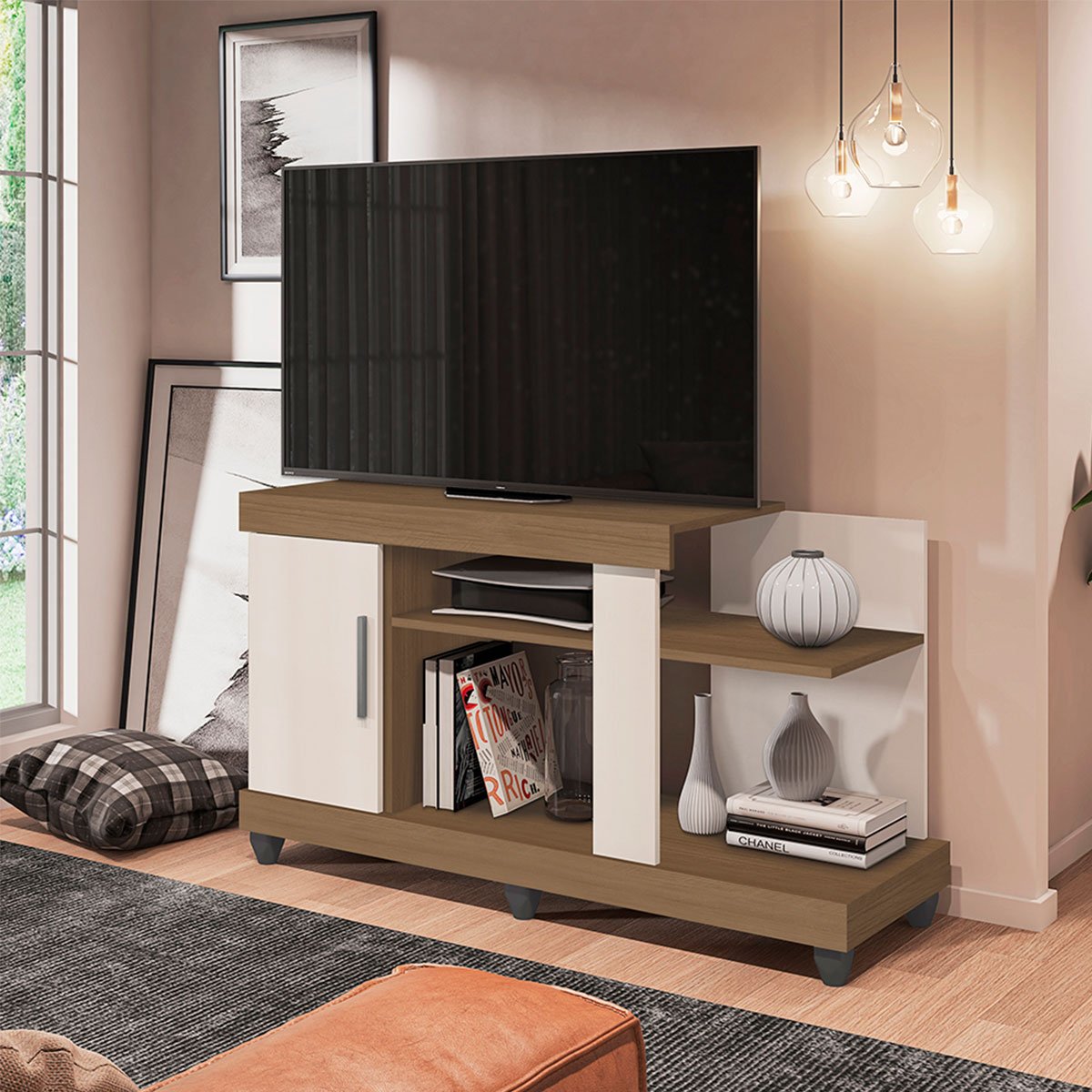 Rack para Tv até 42 Polegadas 1 Porta 2 Nichos Aurora Carvalho Oak/Off White