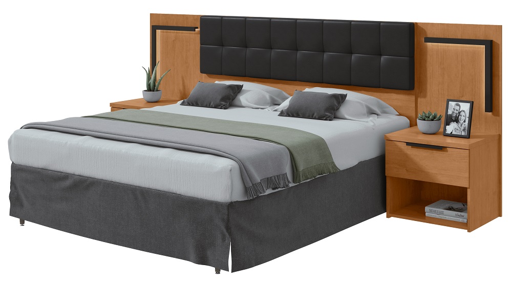 Cabeceira Casal 160cm 2 Mesas de Cabeceira com LED Calitan - Lopas Amendoa Clean/Preto Fosco