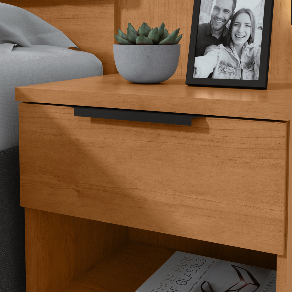 Cabeceira Casal 160cm 2 Mesas de Cabeceira com LED Calitan - Lopas Amendoa Clean/Preto Fosco