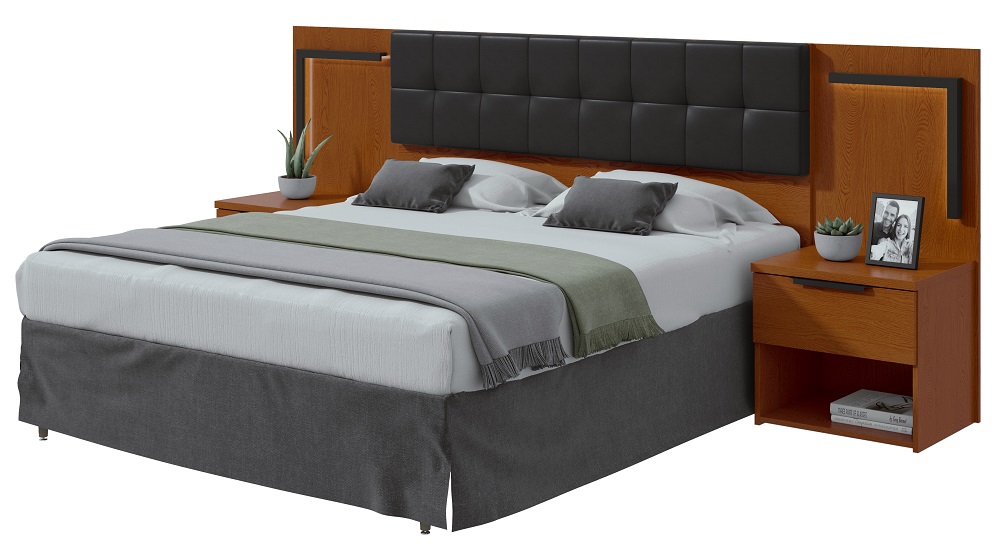 Cabeceira Casal 160cm 2 Mesas de Cabeceira com LED Calitan - Lopas Frassino/Preto Fosco