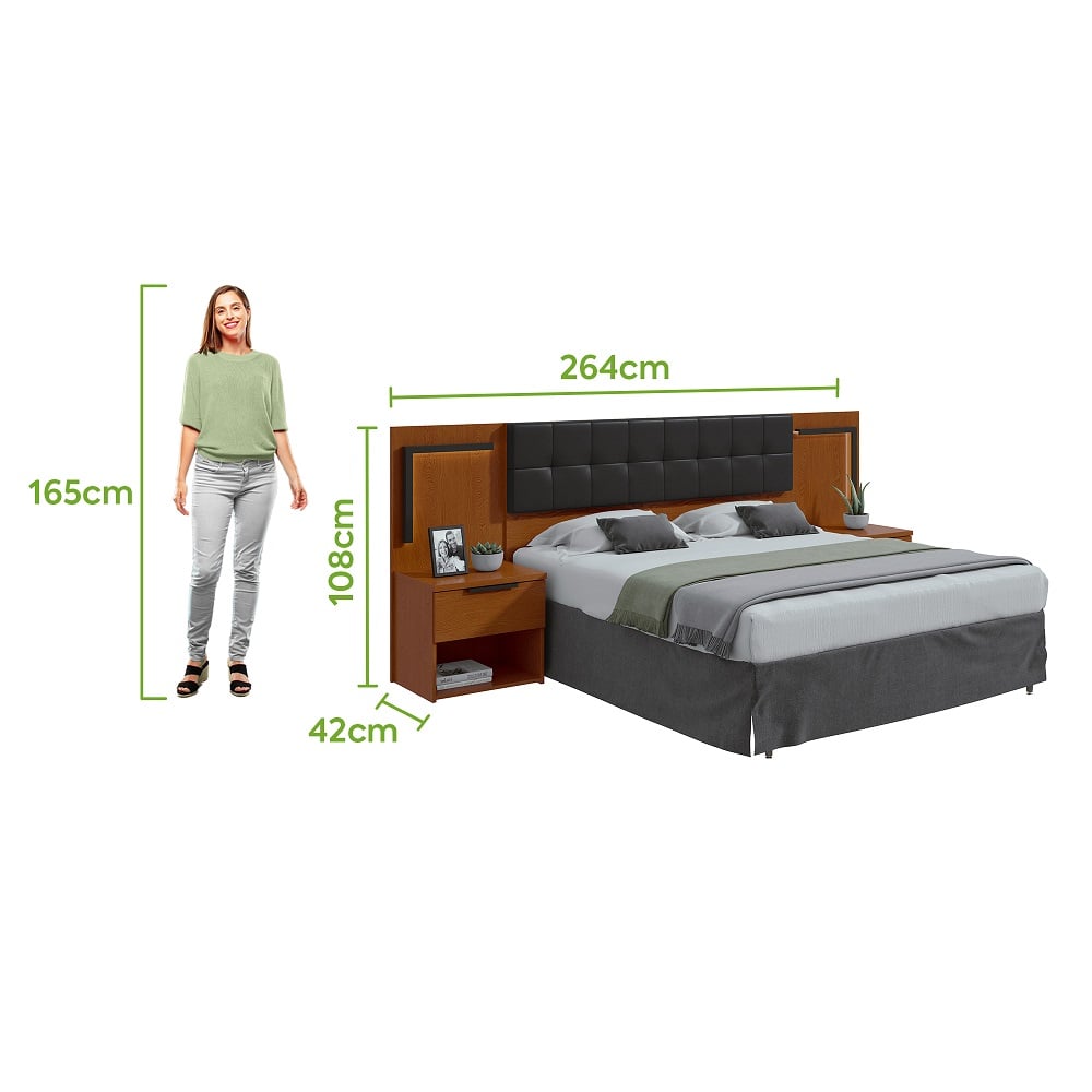 Cabeceira Casal 160cm 2 Mesas de Cabeceira com LED Calitan - Lopas Frassino/Preto Fosco