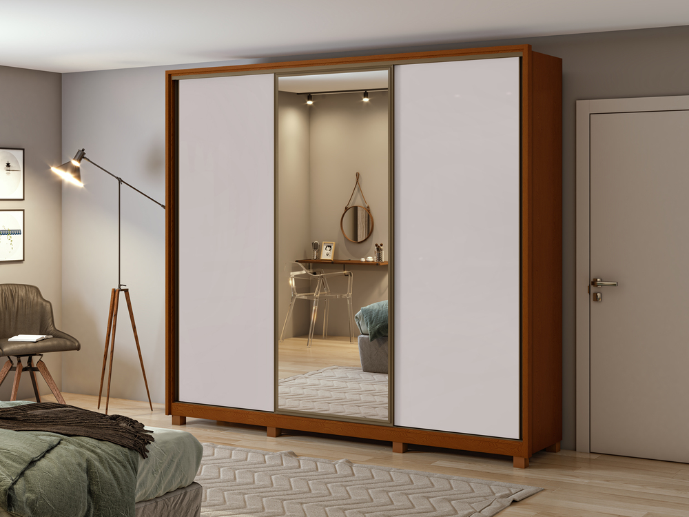 Guarda Roupa Casal 3 Portas 6 Gavetas Spazio com 1 Porta Glass com Pés Lopas Frassino/Off White