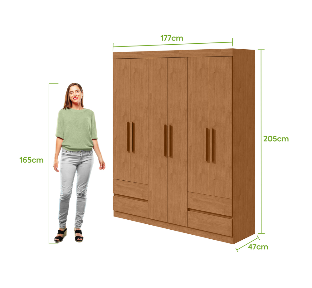 Guarda-Roupas 6 Portas 4 Gavetas com Pés sem Espelho Zeus - Lopas Amendoa Clean