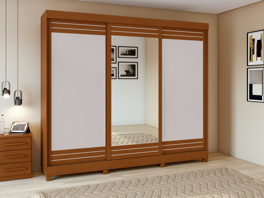 Guarda-Roupas Casal Nice 3 Portas 1 Espelho 4 Gavetas Flex com Pés - Lopas Amendoa Clean/Off White
