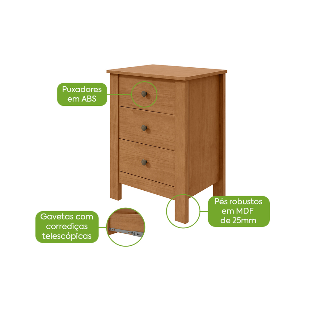 Mesa de Cabeceira 3 Gavetas Maggiore New - Lopas Amendoa Clean