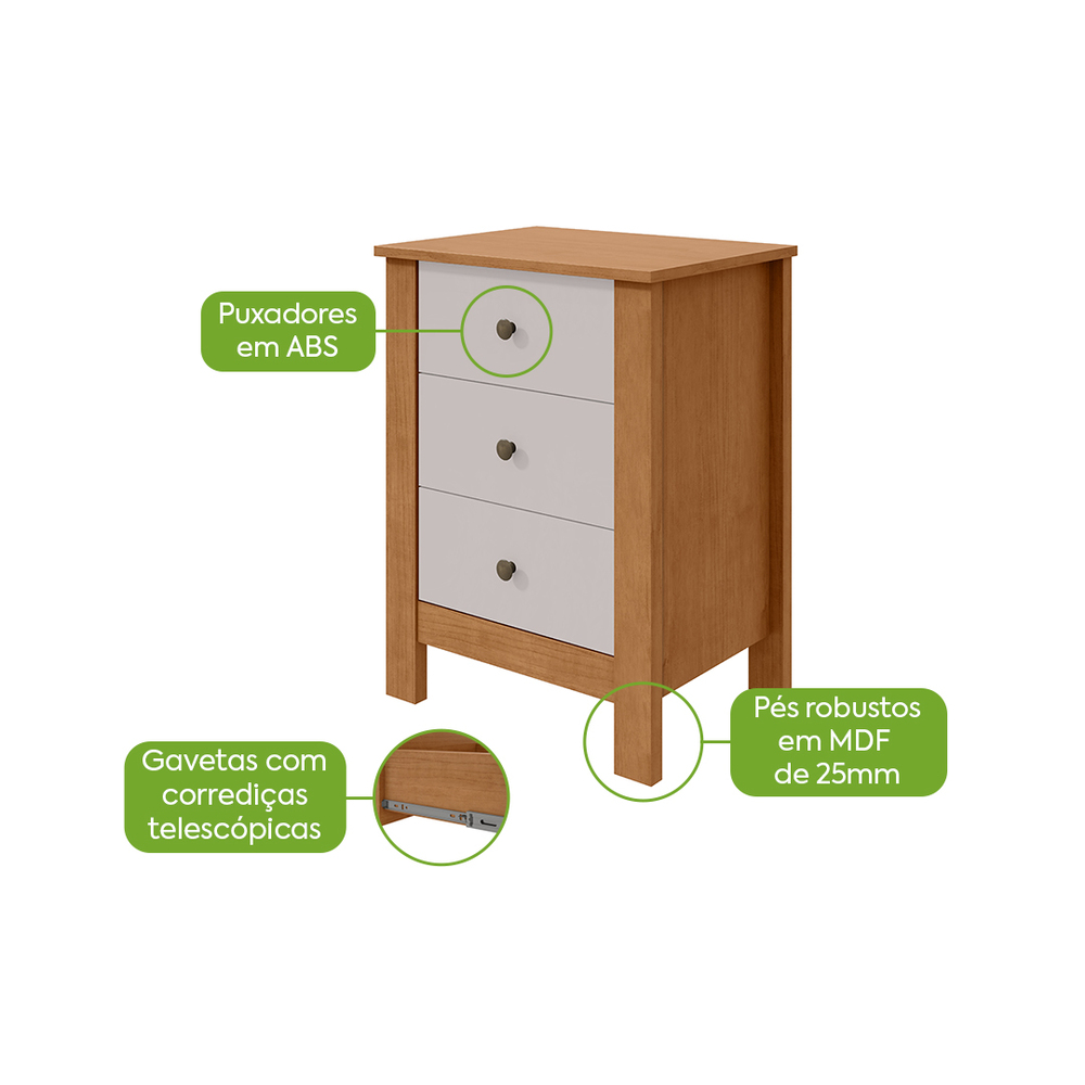 Mesa de Cabeceira 3 Gavetas Maggiore New - Lopas Amendoa Clean/Off White