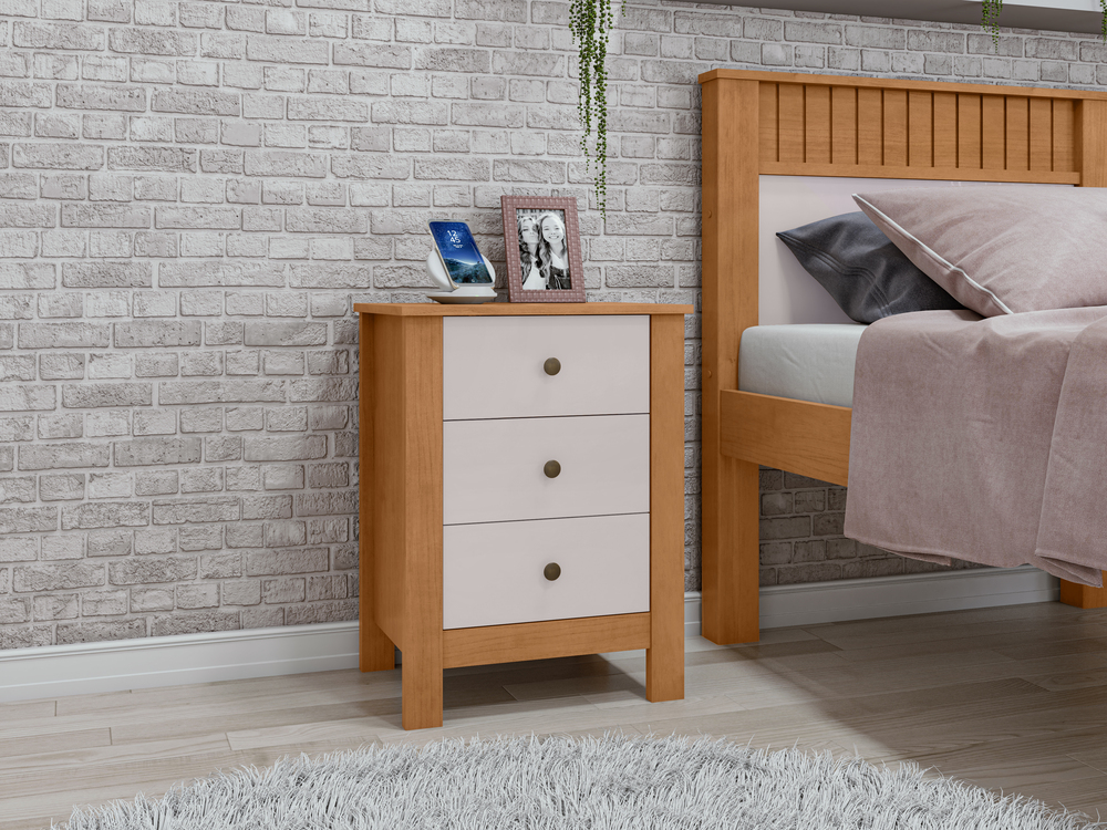 Mesa de Cabeceira 3 Gavetas Maggiore New - Lopas Amendoa Clean/Off White