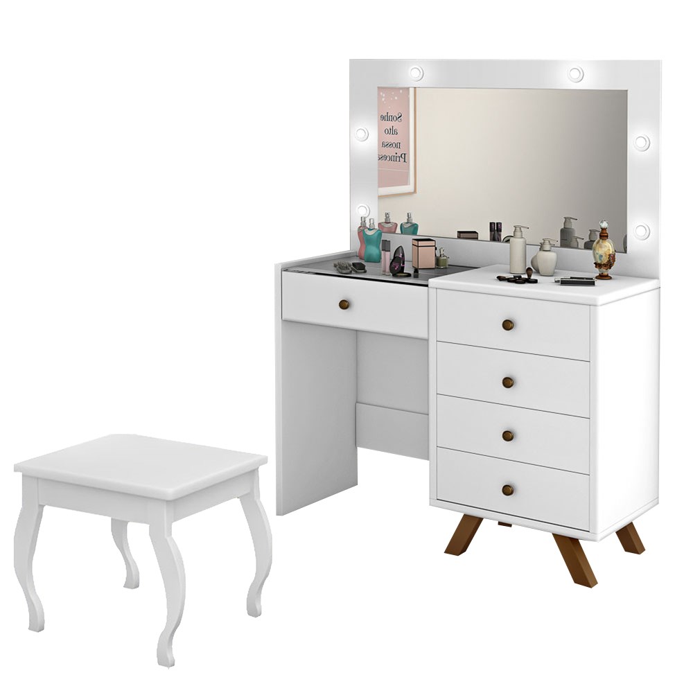 Penteadeira Camarim 5 Gavetas Com Banqueta Luna Branco - Móveis Luapa