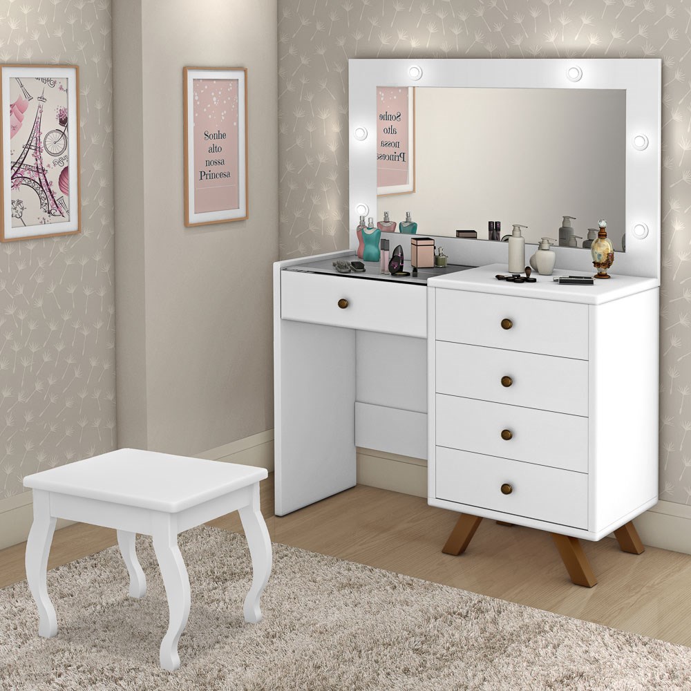 Penteadeira Camarim 5 Gavetas Com Banqueta Luna Branco - Móveis Luapa