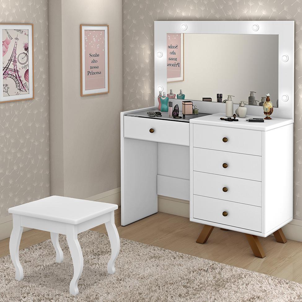 Penteadeira Camarim Luna Branco com Banqueta - Móveis Luapa