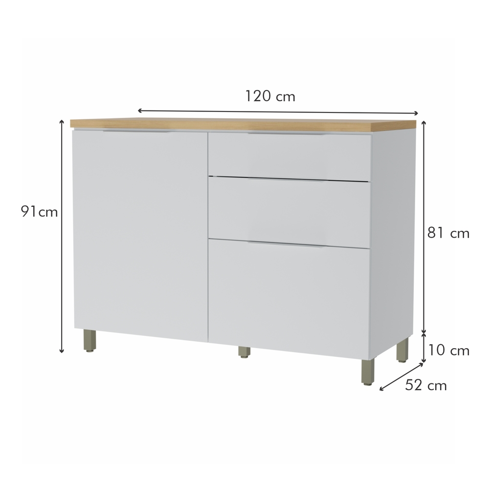 Balcão 1 Porta 3 Gavetas 120cm 100% MDF Marquesa Branco