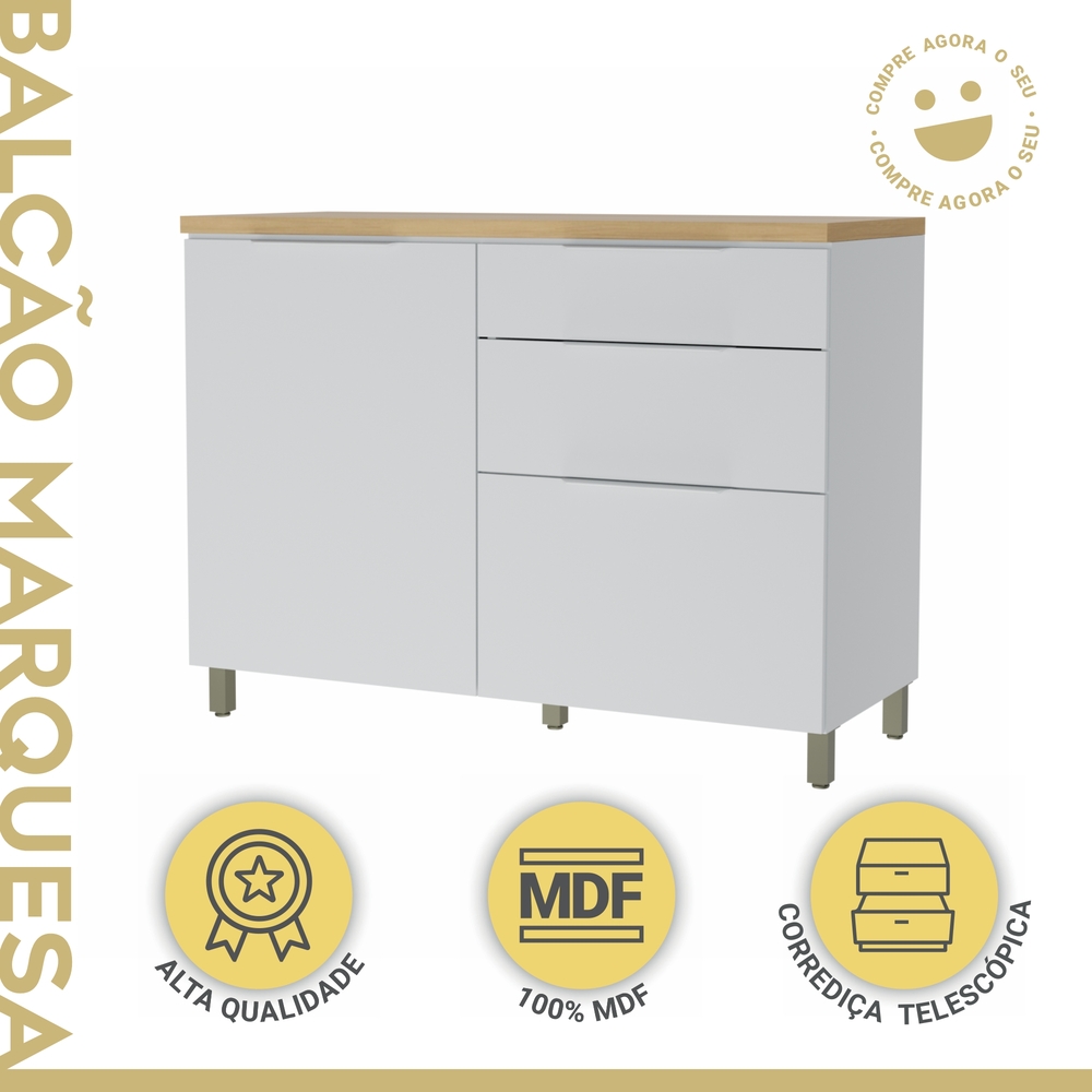 Balcão 1 Porta 3 Gavetas 120cm 100% MDF Marquesa Branco