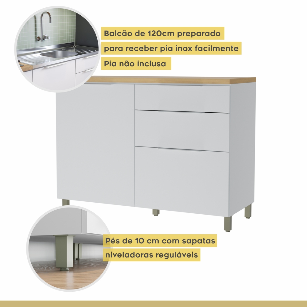 Balcão 1 Porta 3 Gavetas 120cm 100% MDF Marquesa Branco