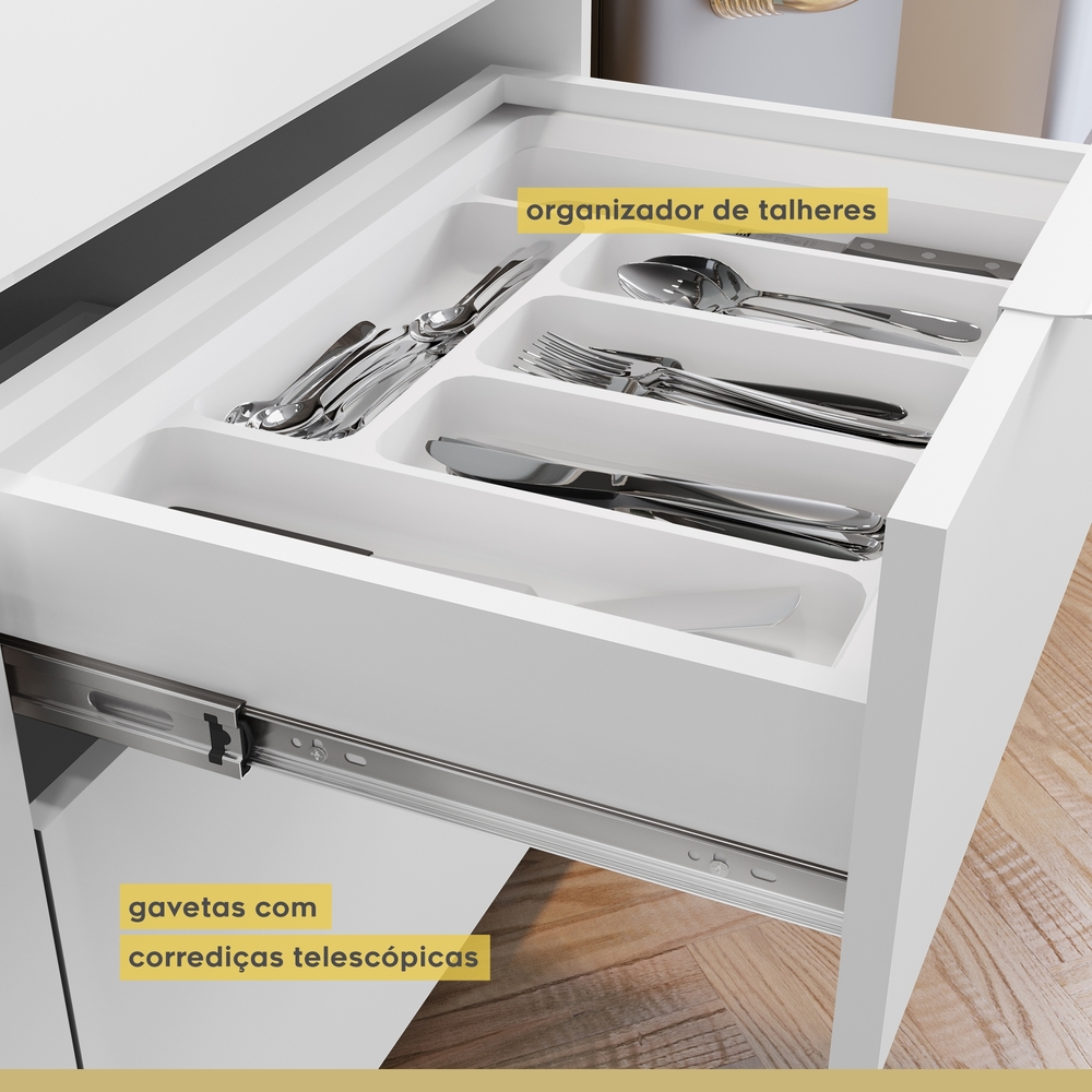 Balcão 1 Porta 3 Gavetas 120cm 100% MDF Marquesa Branco