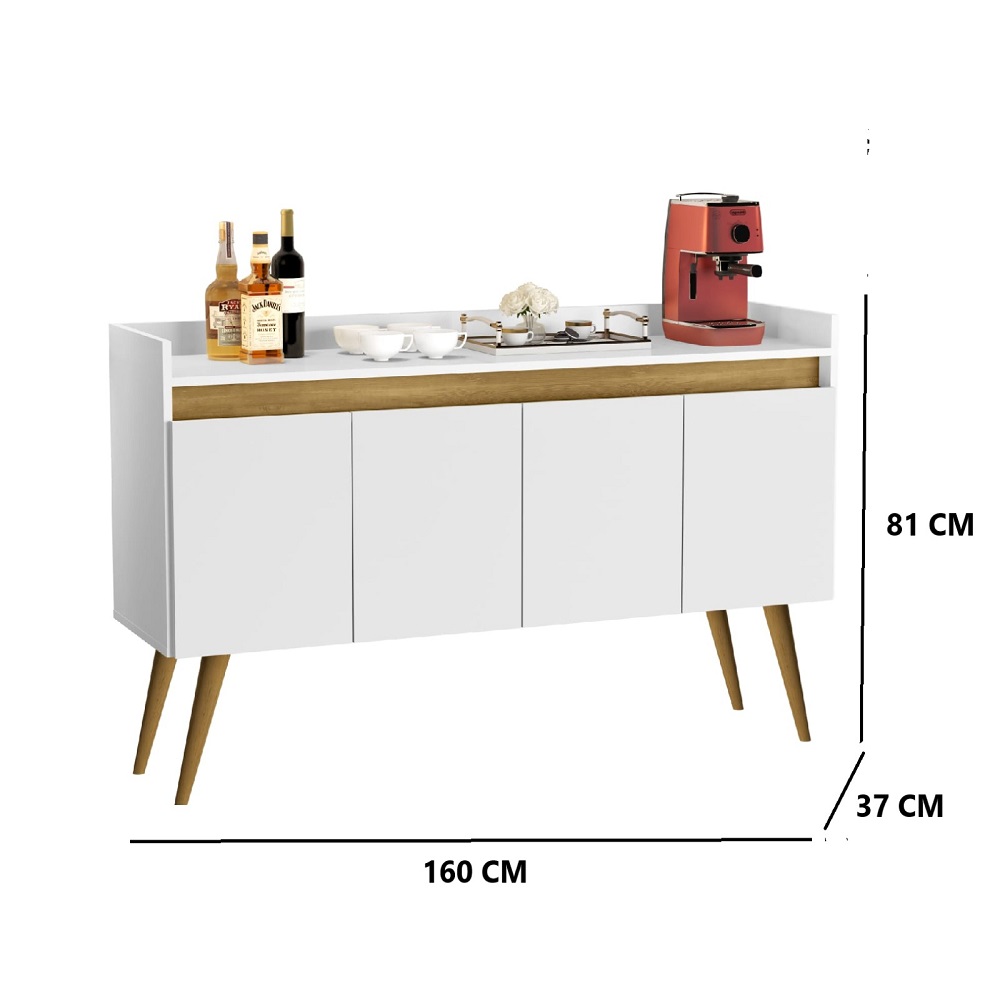 Aparador Buffet Retro Branco Mel Com 4 Portas Com Pés 1,60x0,81 para Sala De Estar Jantar Luxo Gd
