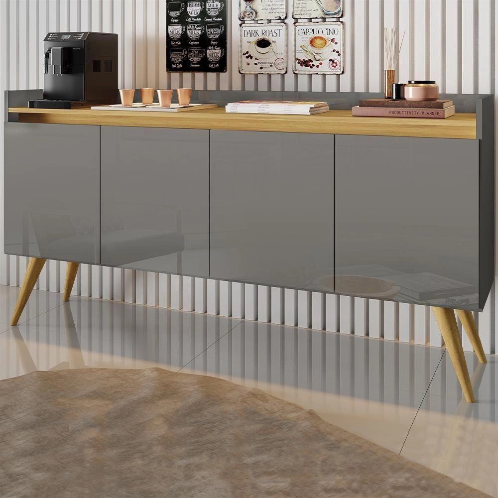 Aparador Buffet Retro Cinza Mel Com 4 Portas Com Pés 1,60x0,81 para Sala De Estar Jantar Luxo Gd