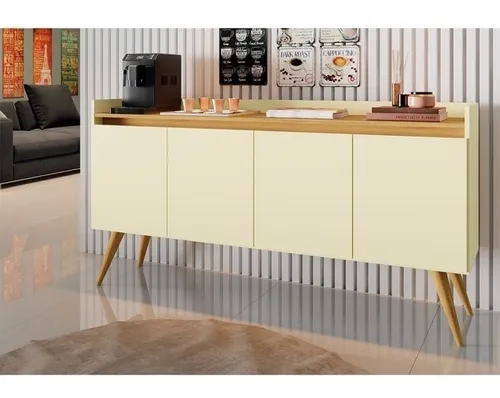 Aparador Buffet Retro Off White Com 4 Portas Com Pés 1,60x0,81 para Sala De Estar Jantar Luxo Gd