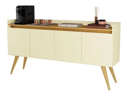 Aparador Buffet Retro Off White Com 4 Portas Com Pés 1,60x0,81 para Sala De Estar Jantar Luxo Gd