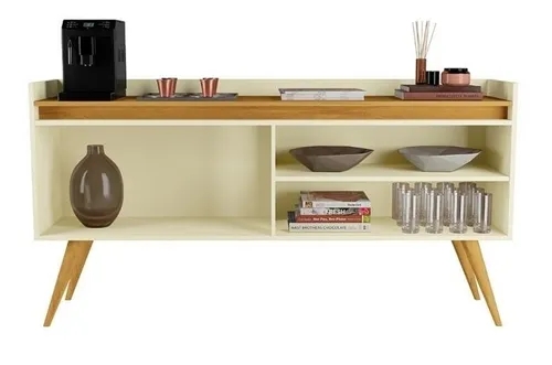 Aparador Buffet Retro Off White Com 4 Portas Com Pés 1,60x0,81 para Sala De Estar Jantar Luxo Gd