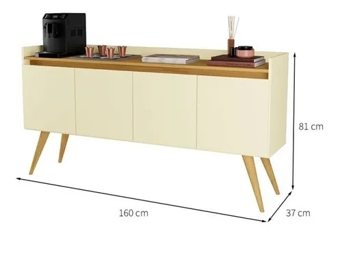 Aparador Buffet Retro Off White Com 4 Portas Com Pés 1,60x0,81 para Sala De Estar Jantar Luxo Gd