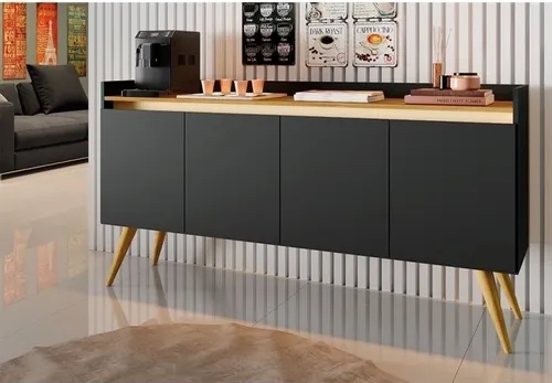 Aparador Buffet Retro Preto Com 4 Portas Com Pés 1,60x0,81 para Sala De Estar Jantar Luxo Gd