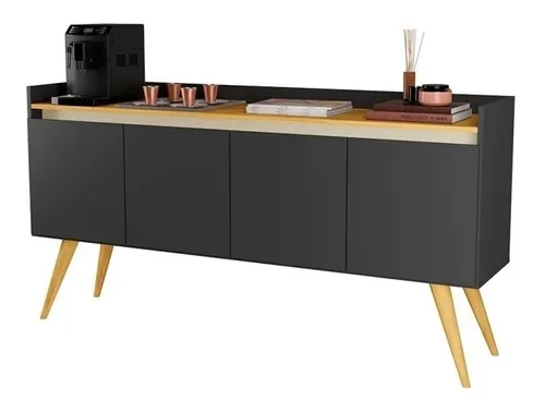 Aparador Buffet Retro Preto Com 4 Portas Com Pés 1,60x0,81 para Sala De Estar Jantar Luxo Gd