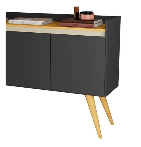 Aparador Buffet Retro Preto Com 4 Portas Com Pés 1,60x0,81 para Sala De Estar Jantar Luxo Gd