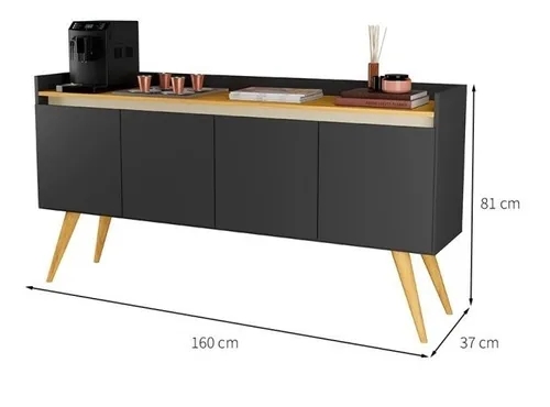 Aparador Buffet Retro Preto Com 4 Portas Com Pés 1,60x0,81 para Sala De Estar Jantar Luxo Gd