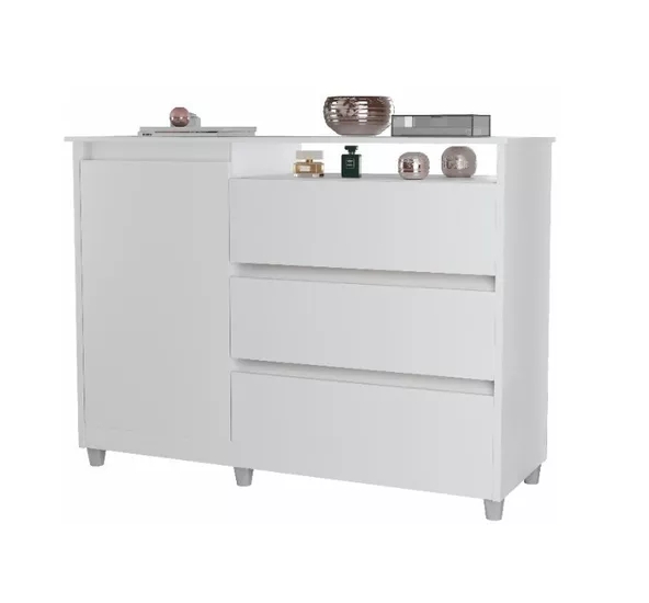 Cômoda Multiuso Organizadora Branca Espaçosa Com 1 Porta 3 Gavetas Luxo Sk