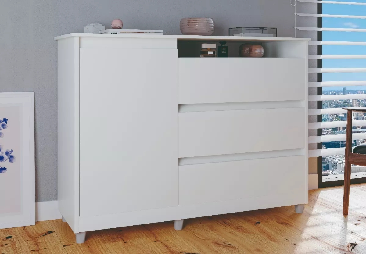 Cômoda Multiuso Organizadora Branca Espaçosa Com 1 Porta 3 Gavetas Luxo Sk