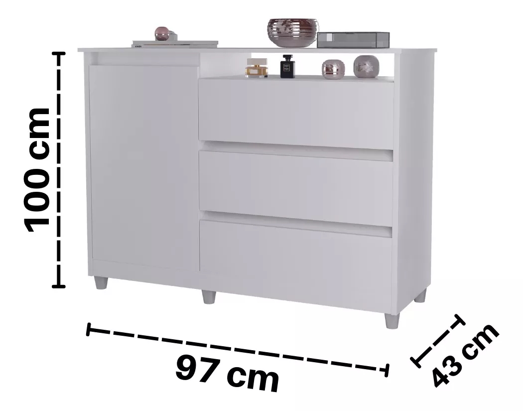 Cômoda Multiuso Organizadora Branca Espaçosa Com 1 Porta 3 Gavetas Luxo Sk