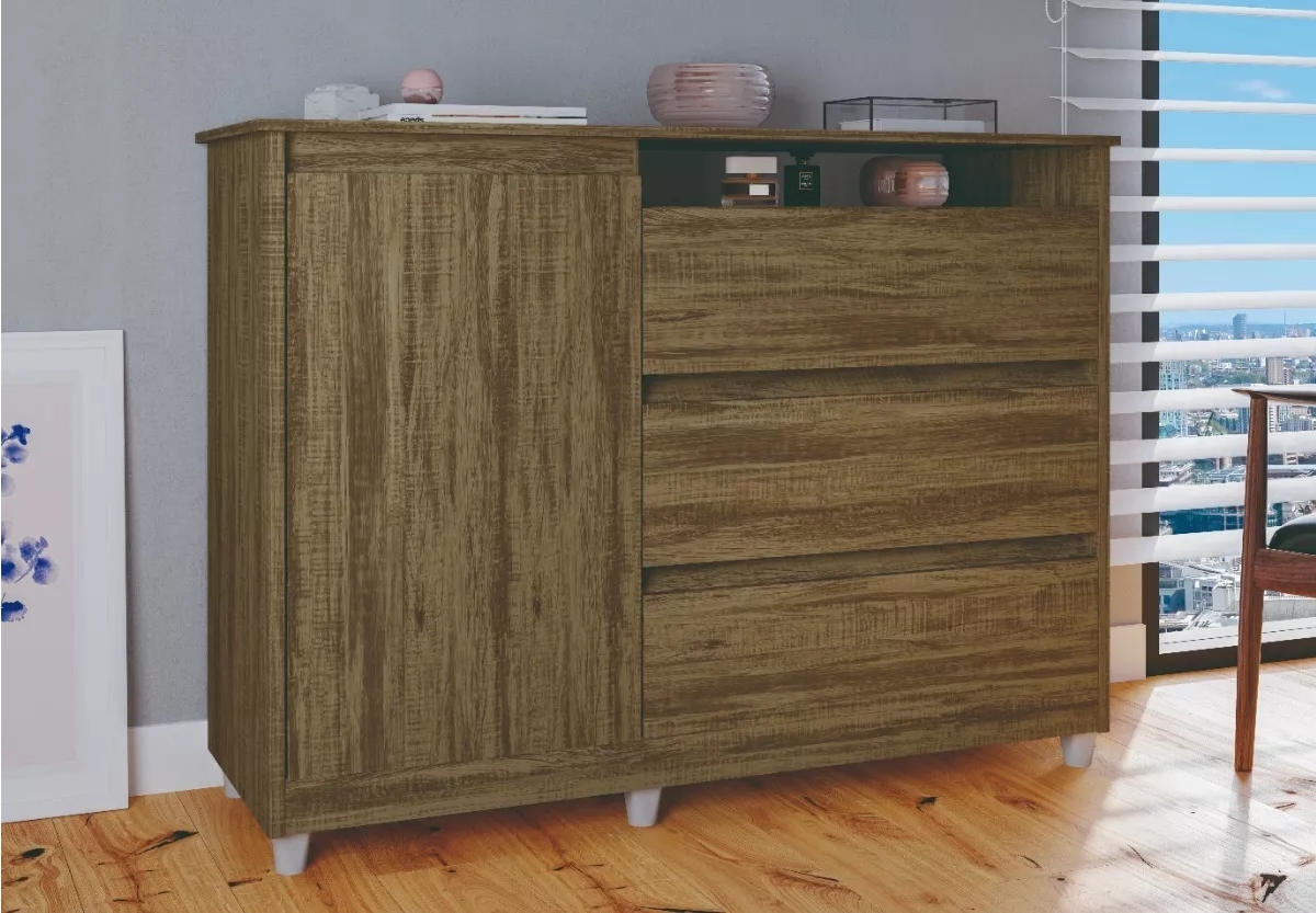 Cômoda Multiuso Organizadora Marrom Espaçosa Com 1 Porta 3 Gavetas Luxo Sk