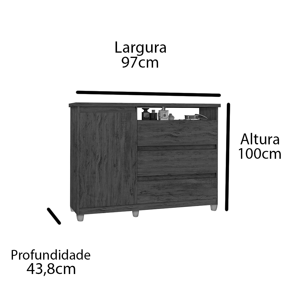 Cômoda com 3 Gavetas e 1 Porta Sky - Mel com Pérola - Móveis Primus