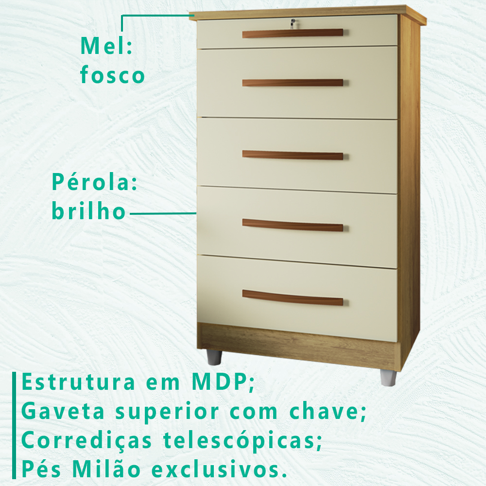 Comoda 5 Gav Corrediças Telescopicas E Chave EM53 Mel Perola MPRI