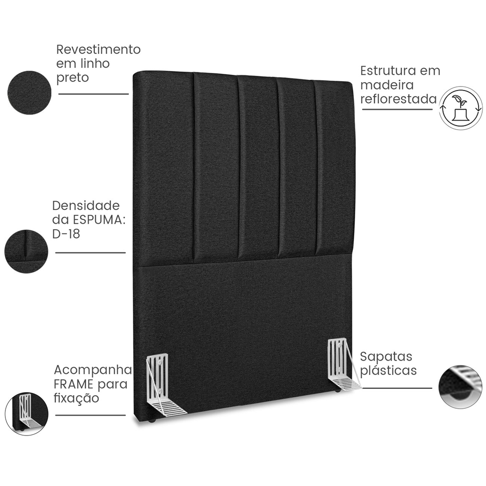Cabeceira Solteiro 90cm Allia Linho Preto RM