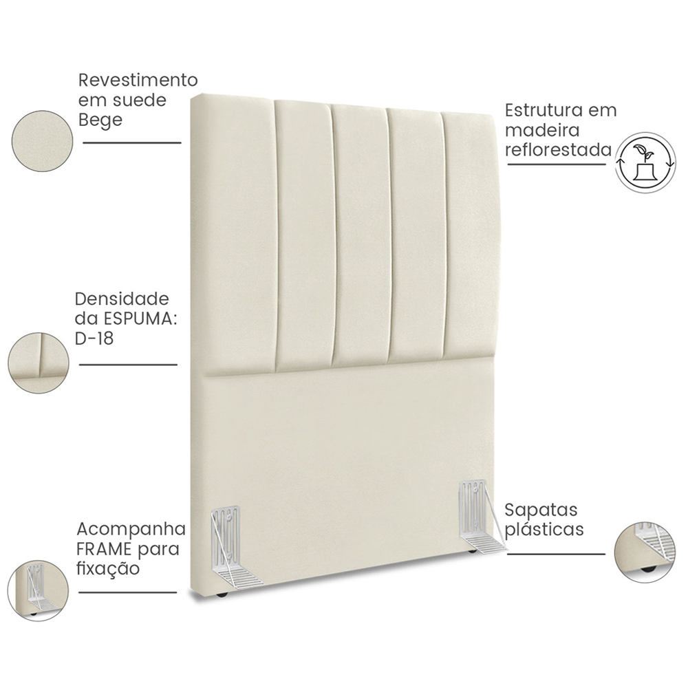 Cabeceira Solteiro 90cm Allia Suede Bege RM