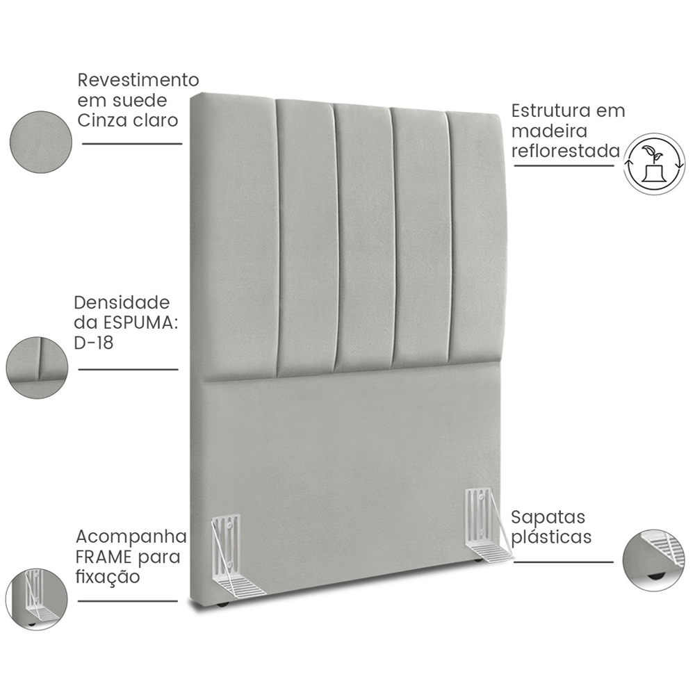 Cabeceira Solteiro 90cm Allia Suede Cinza Claro RM