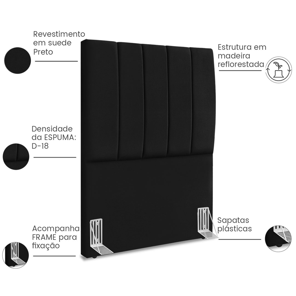 Cabeceira Solteiro 90cm Allia Suede Preto RM