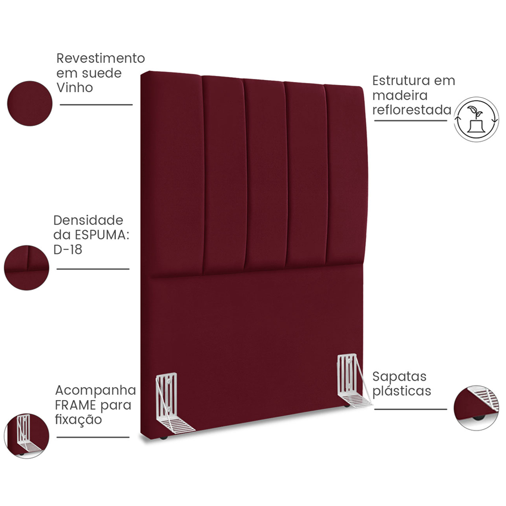 Cabeceira Solteiro 90cm Allia Suede Vinho RM