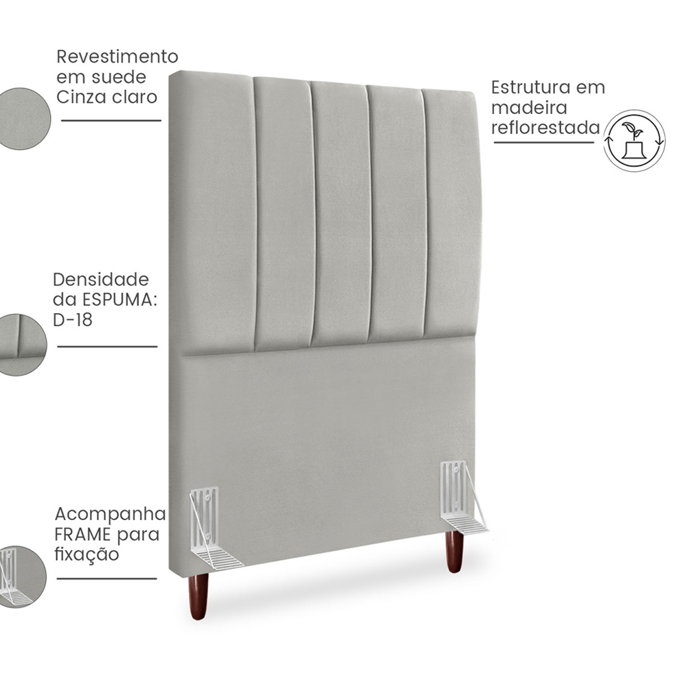 Cabeceira Solteiro 90cm Arlla Suede Cinza Claro RM