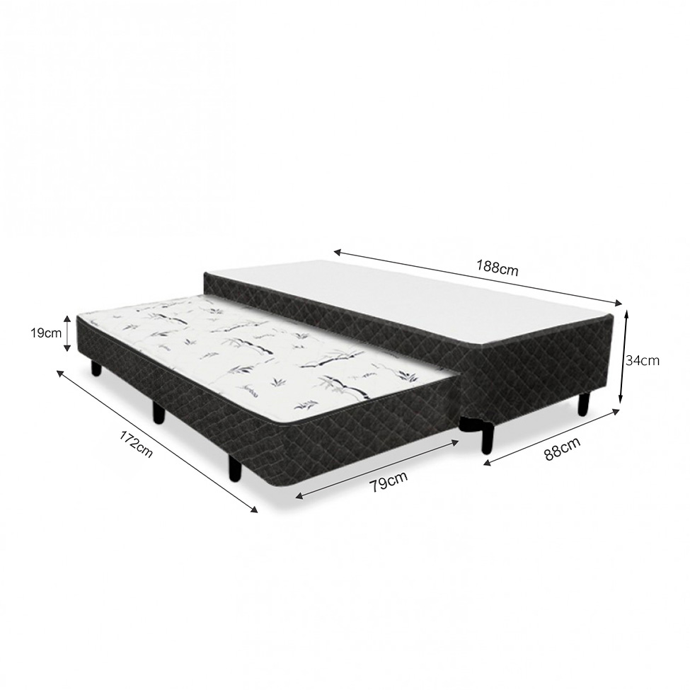 Base para Cama Box Solteiro Bonjour com Cama Auxiliar (34x88x188) Preta e Branca