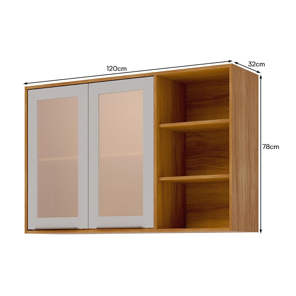 Armário Aéreo Brilhante 120cm 2 Portas Cinamomo/Off White com Vidro Reflecta e Nichos - MGM