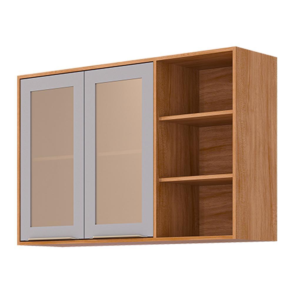 Armário Aéreo Brilhante 120cm 2 Portas Cinamomo/Platina com Vidro Reflecta e Nichos - MGM