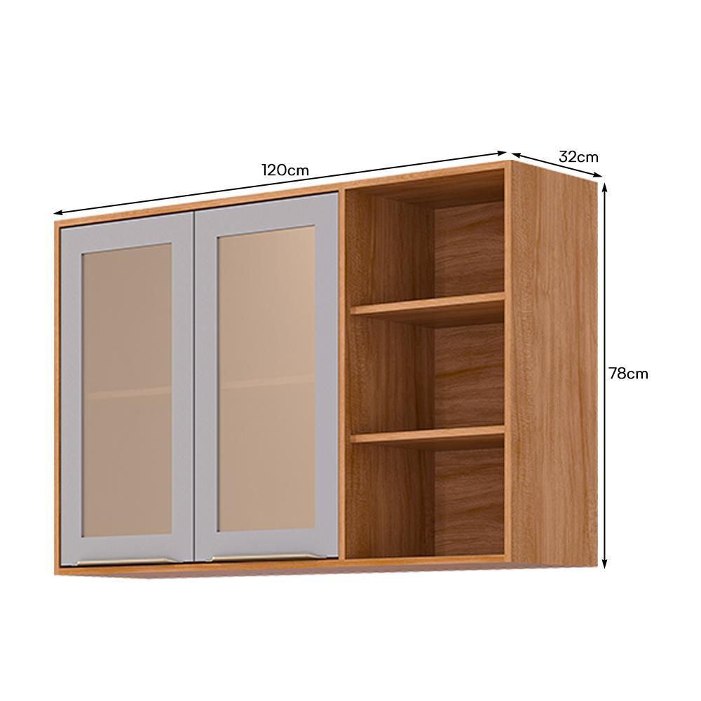 Armário Aéreo Brilhante 120cm 2 Portas Cinamomo/Platina com Vidro Reflecta e Nichos - MGM