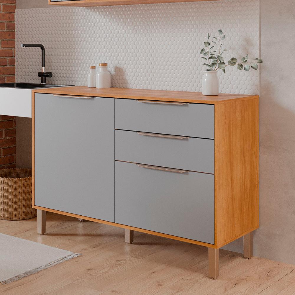 Balcão Divina 120 cm Para Cozinha com 2 Portas e 2 Gavetas Cinamomo/Platina