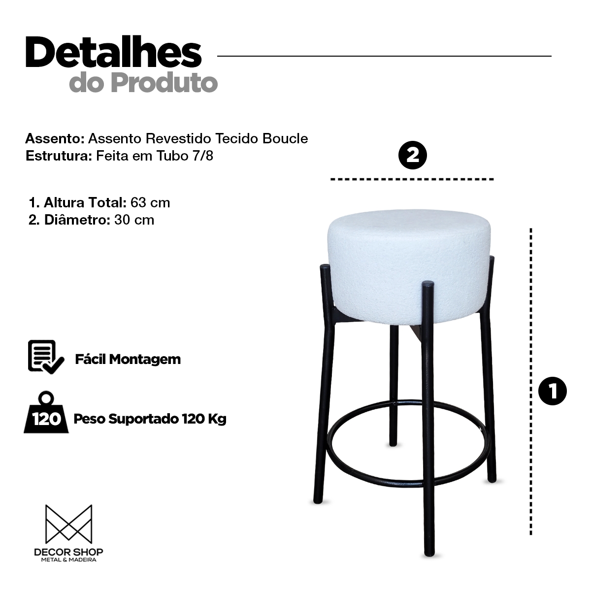 Banqueta para Cozinha Bar Balcão Bistrô Bancada Bouclê Média Branca